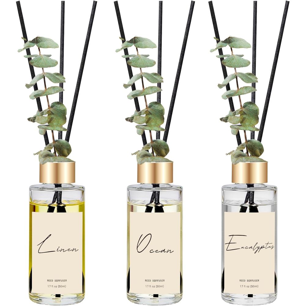 Home Fragrance Eucalyptus - ユーカリ、リネン、オーシャンの香りのオイルディフューザー3個セット（リード15本付き）、長持ちするホームフレグランス、寝室や浴室の装飾に